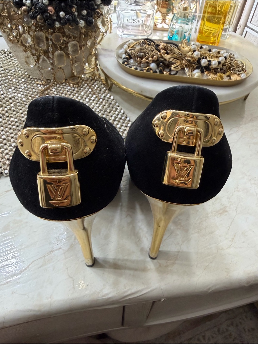 Louis Vuitton Black Suede Heels with Gold Padlock Hardware